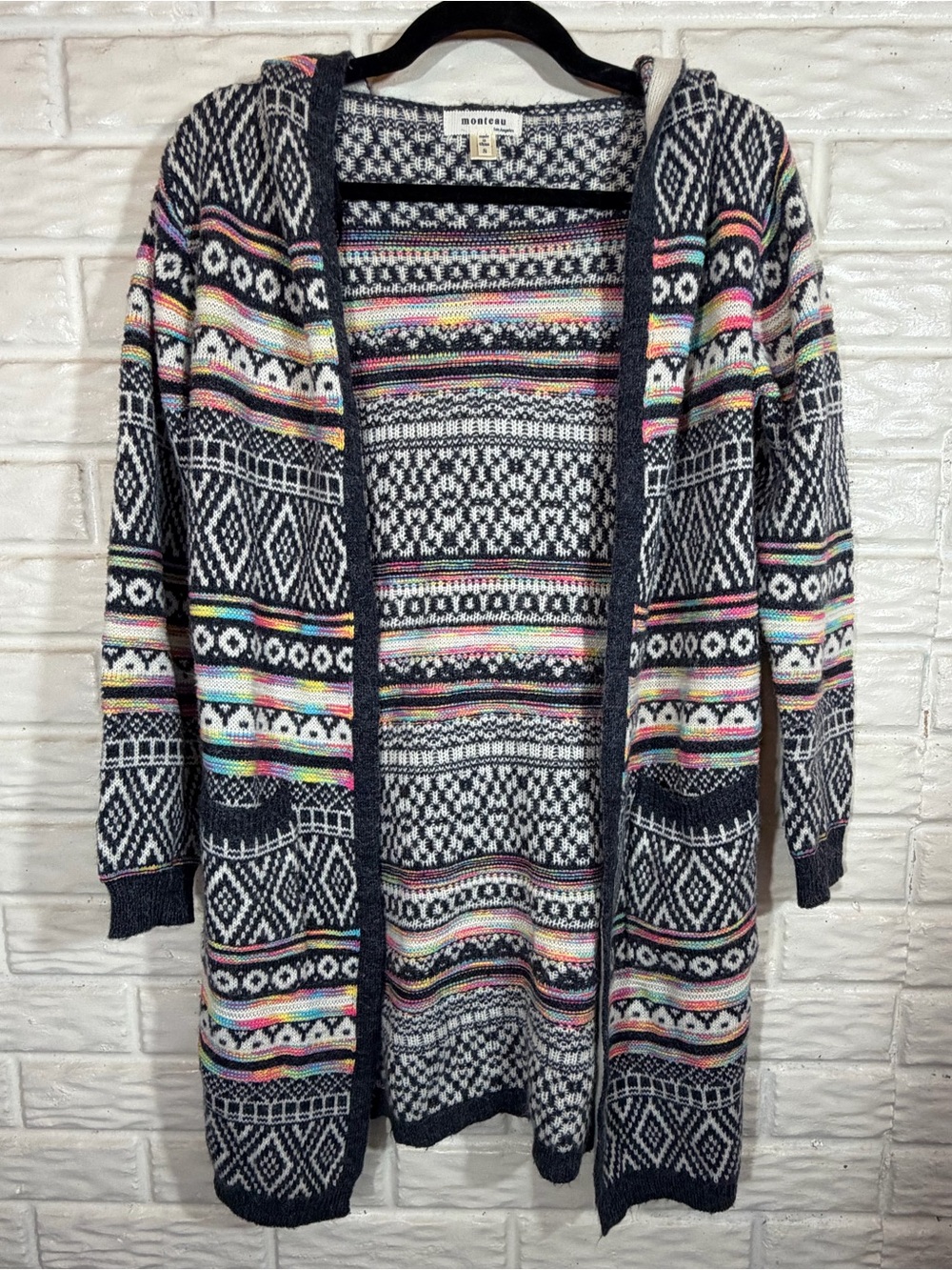 Monteau Hooded Long Cardigan Small Geometric Fair Isle Boho Sweater